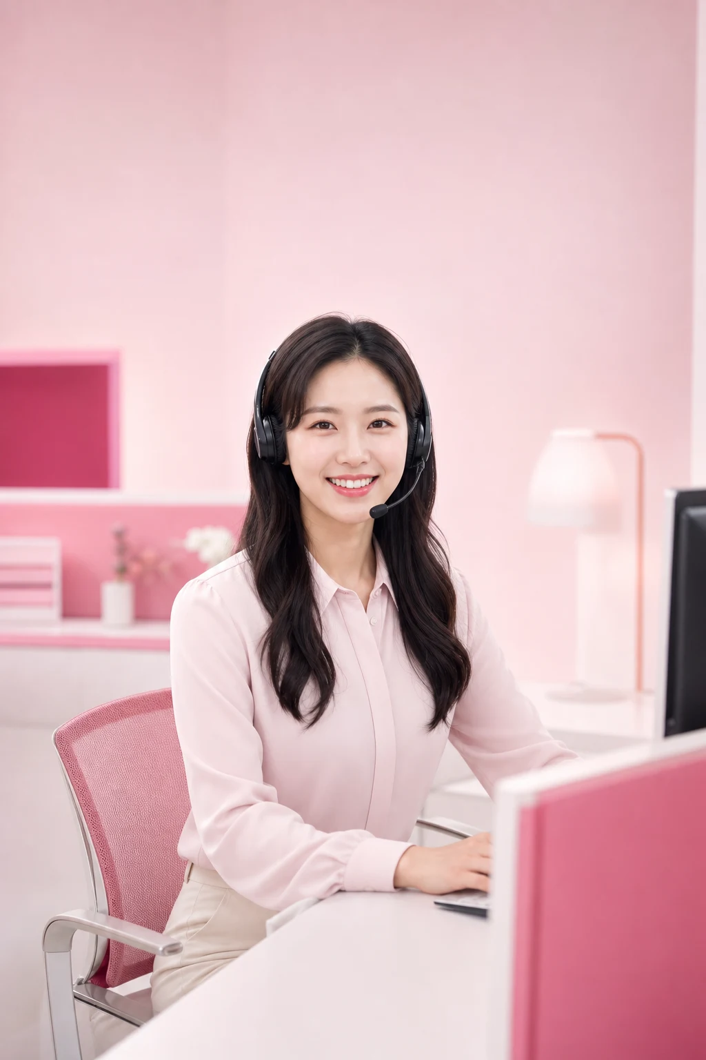 현대카드할부현금화 다음머니 24시간 전화 문자 상담을 안내하는 헤드셋 여성 상담원 인물